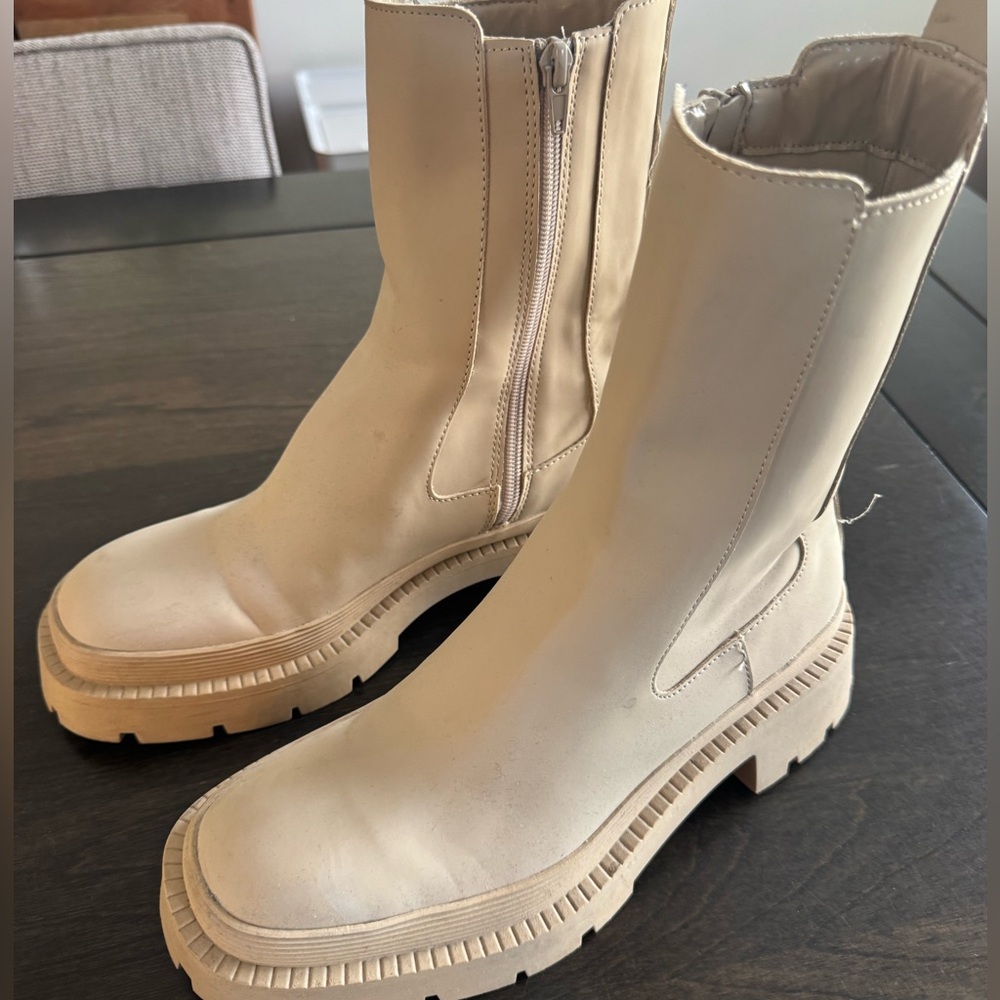 Zara Cream Lace-Up Platform Zip Boots